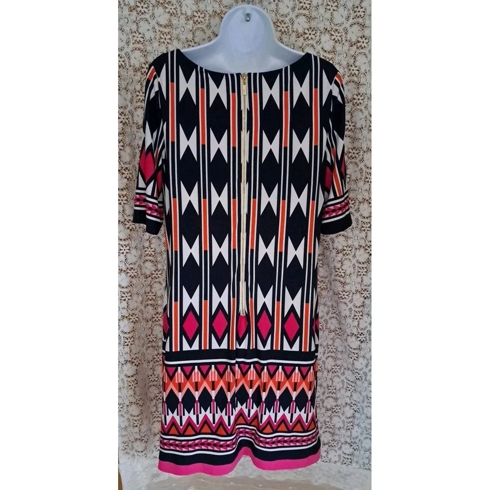 Eliza J Shift Dress 12 Abstract Print Artsy Stretch‎ Knit Lined Back Zip Beachy